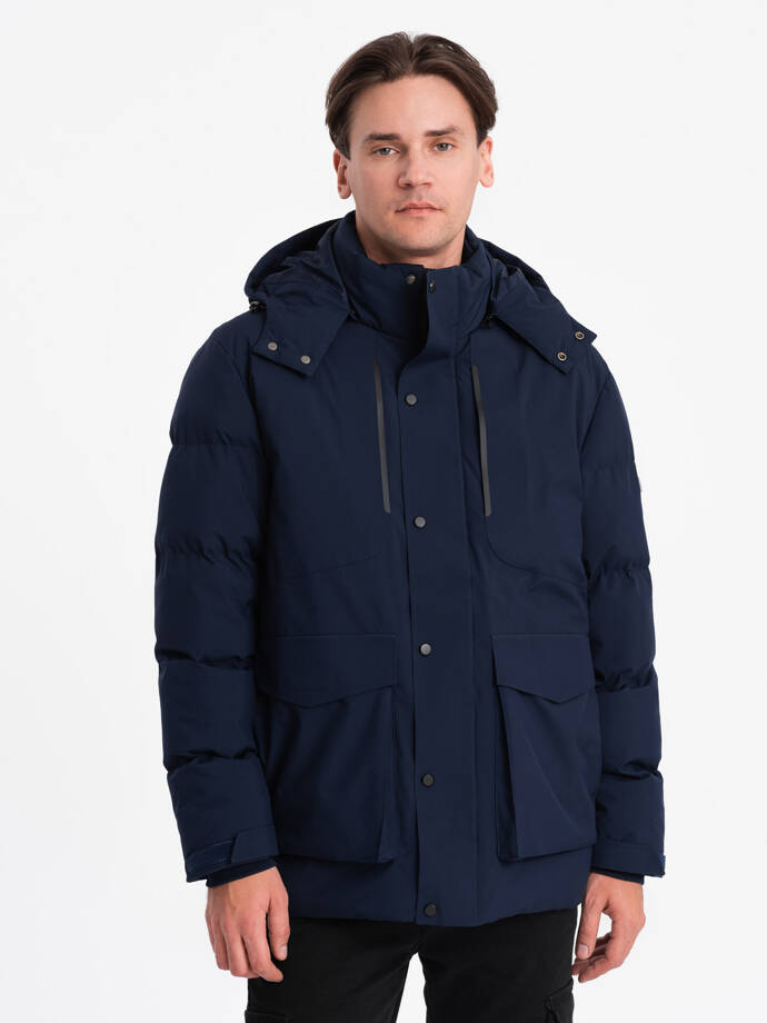 Men's winter jacket with detachable hood and cargo pockets - navy blue V1 OM-JAHP-0152