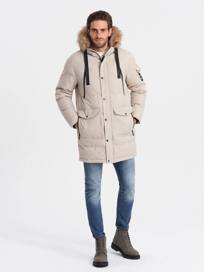 Men's winter parka jacket - beige V5 OM-JALJ-0132