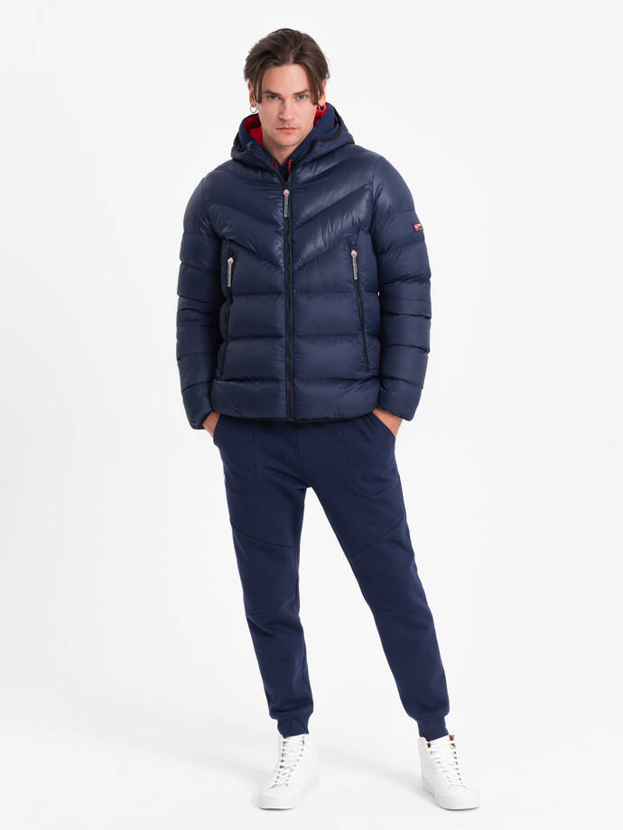 Men's winter quilted jacket of combined materials - navy blue V2 OM-JAHP-0145