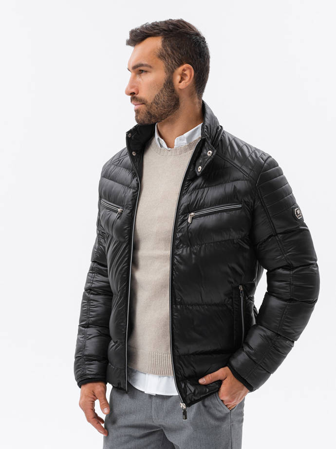 Men's winter quilted jacket with decorative zippers - black V1 OM-JAHP-22FW-010