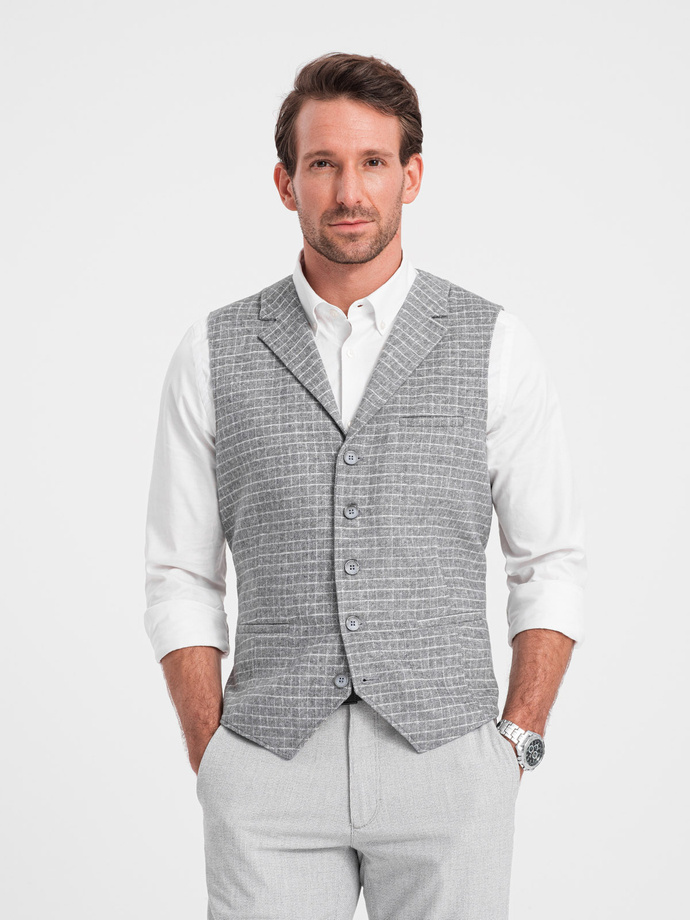 Men's wool blend vest with checkered lapels - light grey V2 OM-BLZV-0110