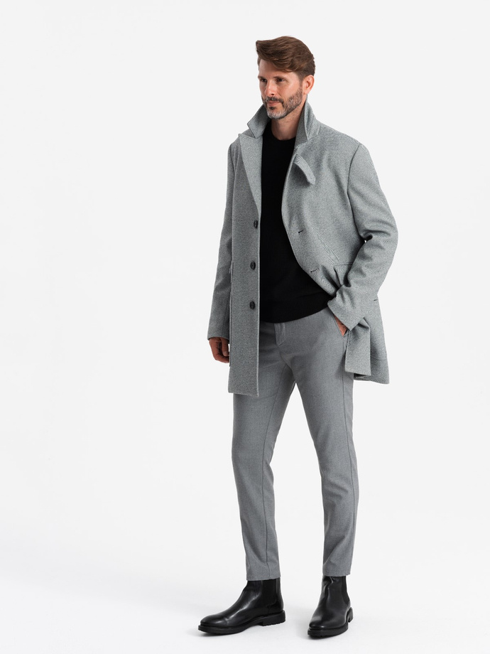 Patterned single-breasted men's coat with pockets - grey V3 OM-COWC-0108