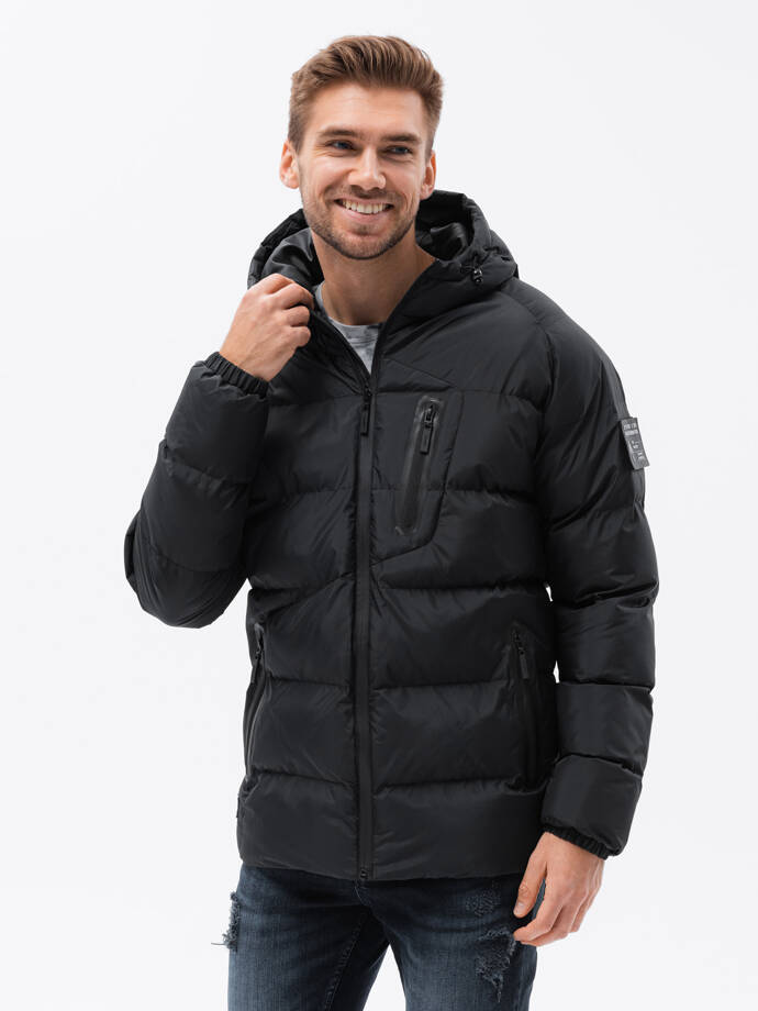 Quilted heavily insulated men's jacket with raglan sleeves - black V4 OM-JAHP-0178