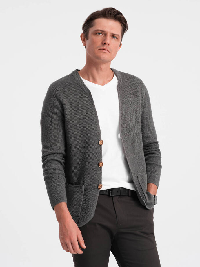 Structured men's cardigan sweater with pockets - graphite melange V2 OM-SWCD-0109