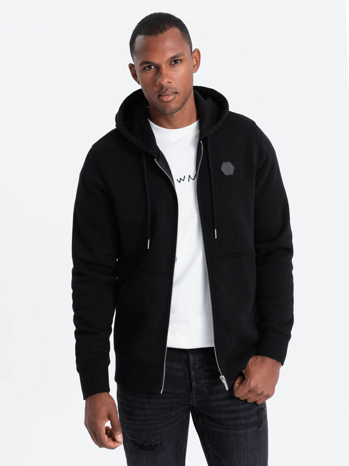 Unbuttoned men's HOODIE sweatshirt in a pleasant knit fabric - black V1 OM-SSZP-0148