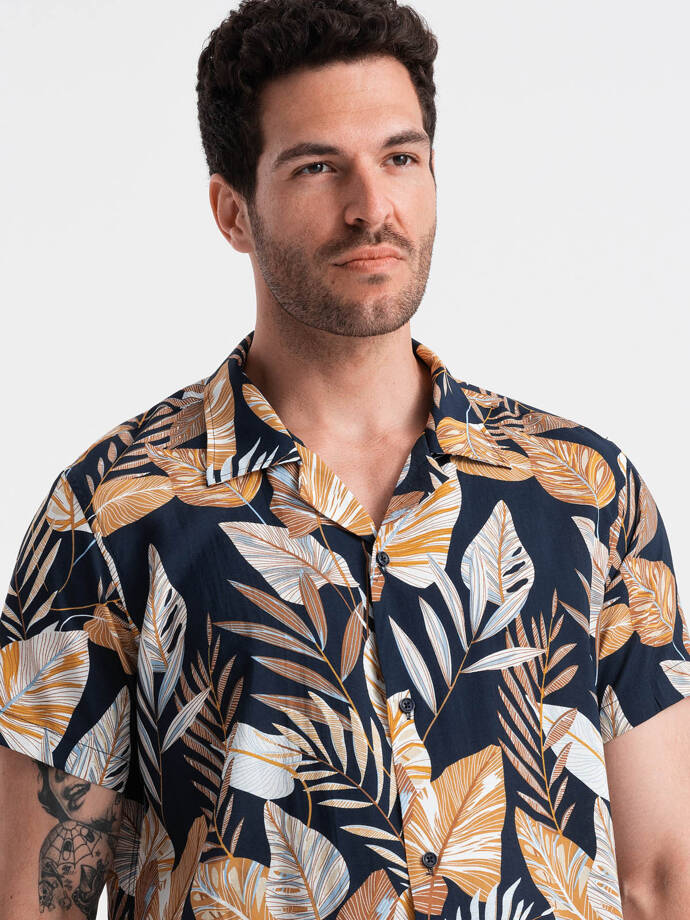 Viscose patterned men's short sleeve shirt - leaves V14 OM-SHPS-0113