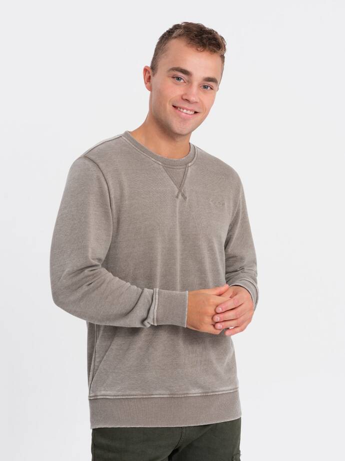 Washed men's sweatshirt with decorative stitching at the neckline - beige V2 OM-SSDS-0131