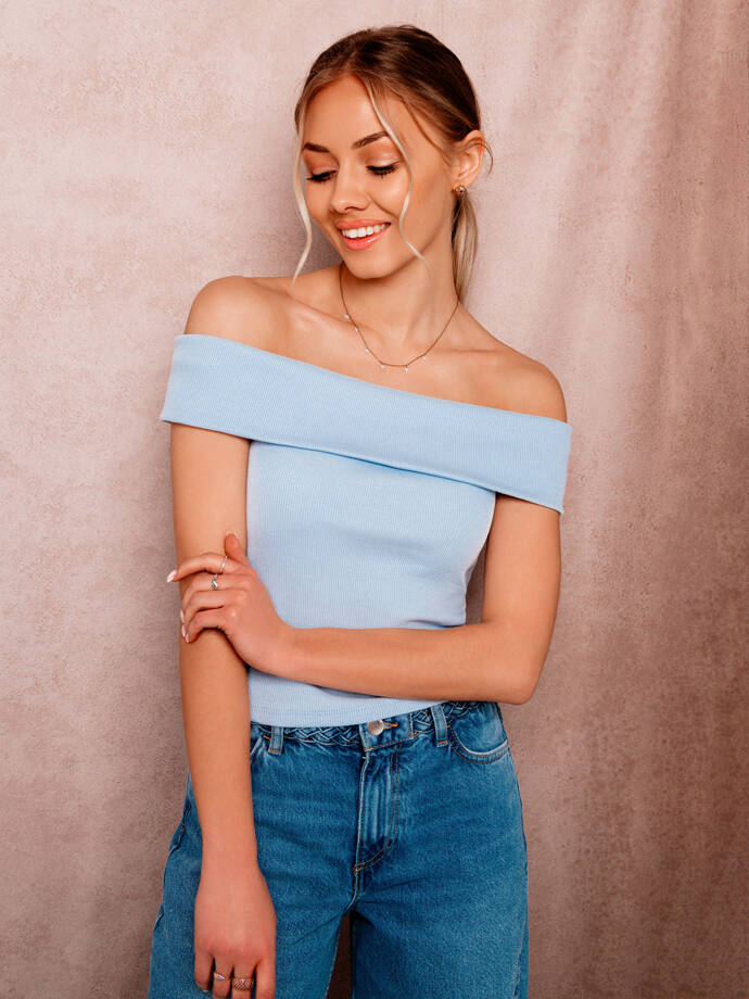 Women's ribbed crop top with open shoulders SLR085 - light blue