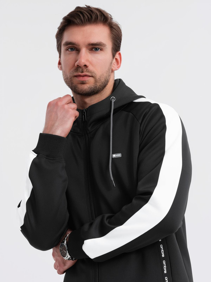 Męska rozpinana bluza z kapturem i lampasami - czarna V1 OM-SSZP-0210