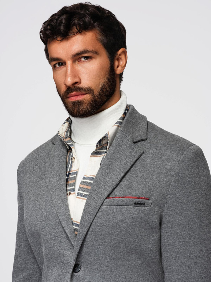 Men's knitted jacket with a fitted cut - light grey V2 OM-BLZB-0100