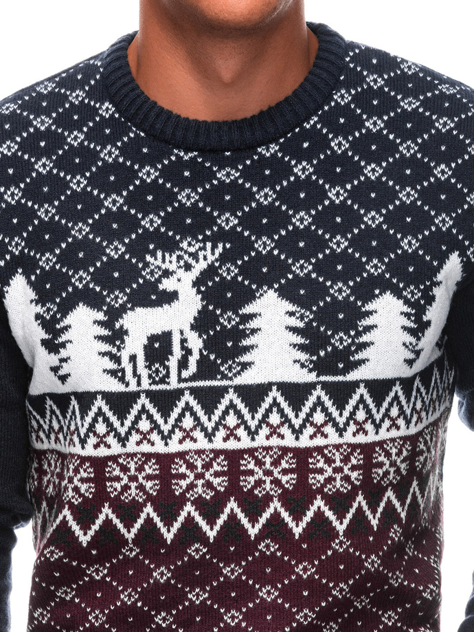 Men's Christmas winter jumper with reindeer - navy blue and white V1 EM-SWOS-0102