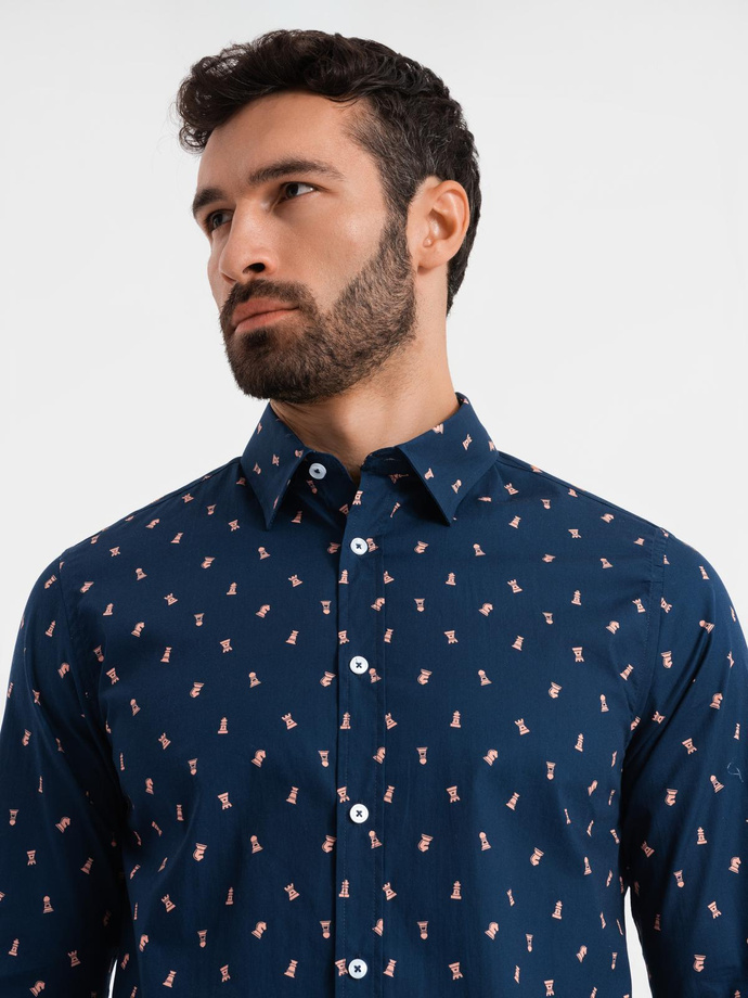 Bawełniana koszula męska we wzory SLIM FIT - atramentowa V3 OM-SHCS-0151