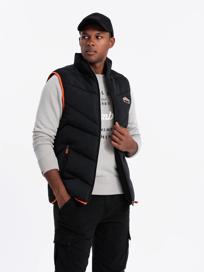 Men's quilted sleeveless jacket with neon accents - black V4 OM-JAVJ-0210