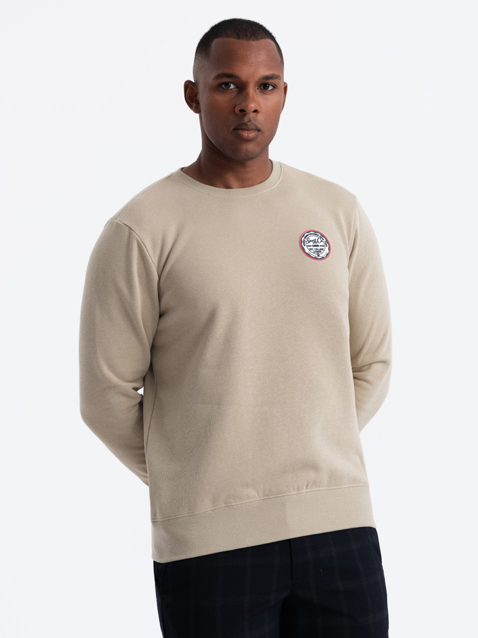 Men's non-stretch sweatshirt with college style patch - sand V3 OM-SSNZ-0134