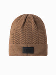 Men's knitted sweater weave cap with patch - light brown V4 OM-ACWH-0122