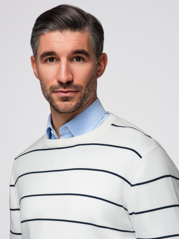Men's casual sweater with horizontal stripes - cream V2 OM-SWSW-0143