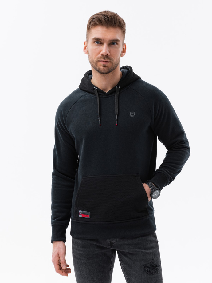 Men's combined materials HOODIE sweatshirt - black V1 OM-SSNZ-22FW-016