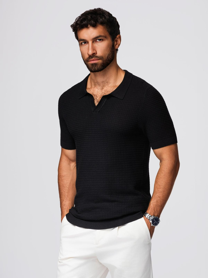 Men's knitted unbuttoned polo shirt - black V3 OM-POSS-0157