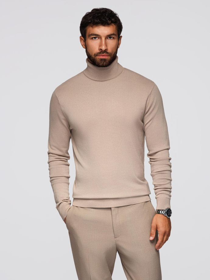 Men's knitted fitted turtleneck with viscose - beige V5 OM-SWTN-0101