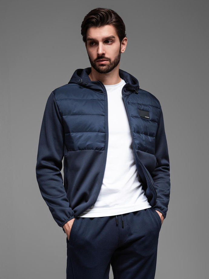 Men's lightweight jacket of combined materials with hood and decorative quilting - navy blue V4 OM-JANP-0160