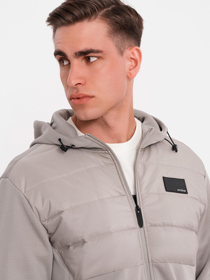 Men's lightweight jacket of combined materials with hood and decorative quilting - ash V3 OM-JANP-0160