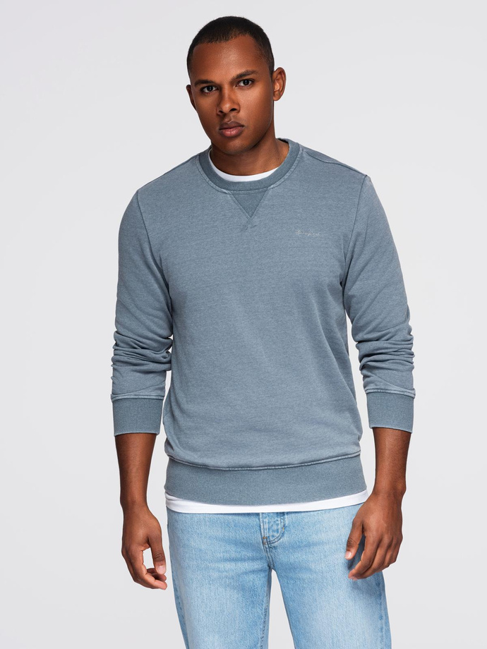 Washed men's sweatshirt with decorative stitching at the neckline - light blue V3 OM-SSDS-0131