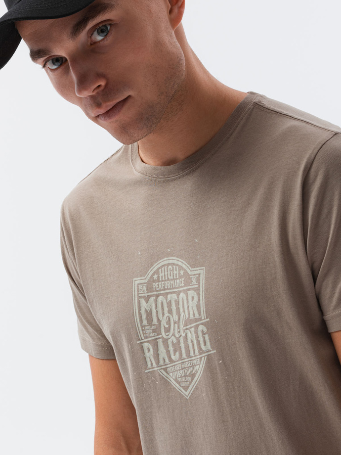 T-shirt męski z nadrukiem - brązowy V-25C S1434