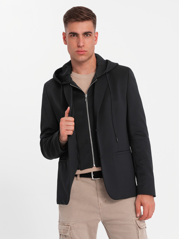 Men's blazer with detachable underlining and hood - black V1 OM-BLZB-0126