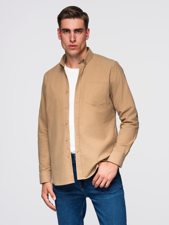 Men's REGULAR FIT cotton shirt with pocket - light brown V2 OM-SHOS-0153