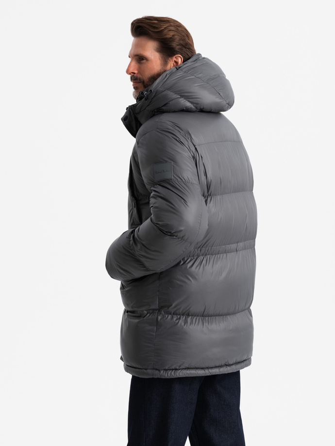 Men's long puffer jacket with snap pockets - graphite V1 OM-JALJ-0186