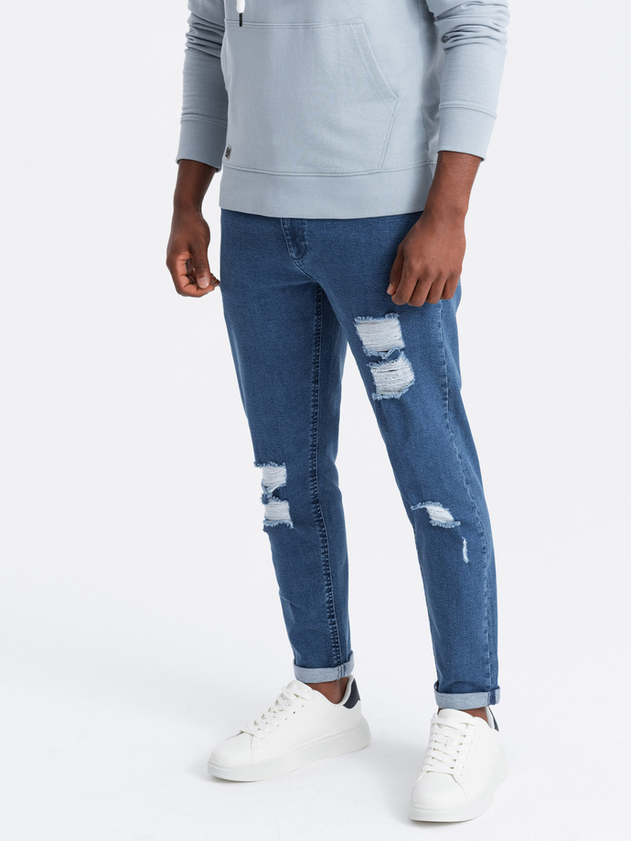 Washowane spodnie męskie jeansowe TAPERED FIT z przetarciami – niebieskie V2 OM-PADP-0163