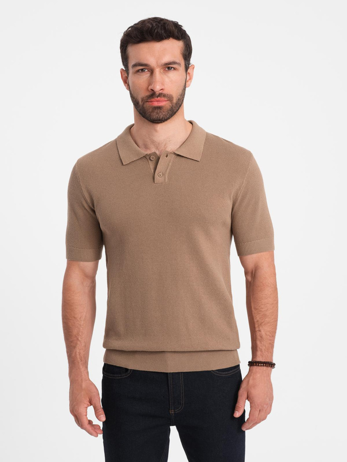 Men's cotton structured knit polo shirt - light brown V3 OM-POSS-0117