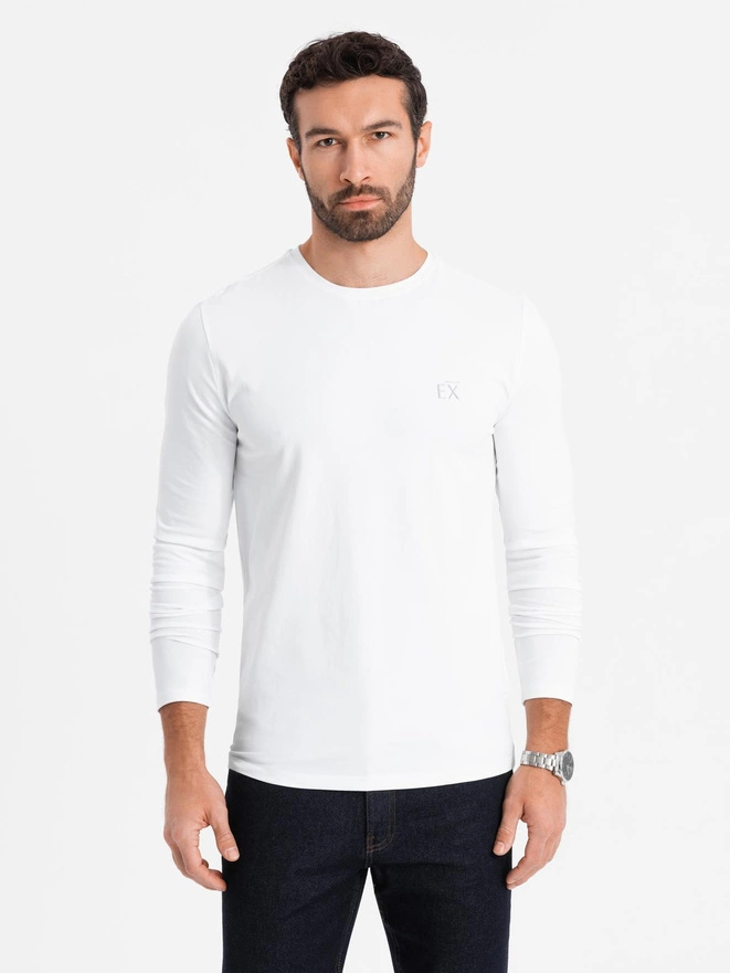 Men's SLIM FIT longsleeve with elastane and print - white V2 OM-LSBC-0124