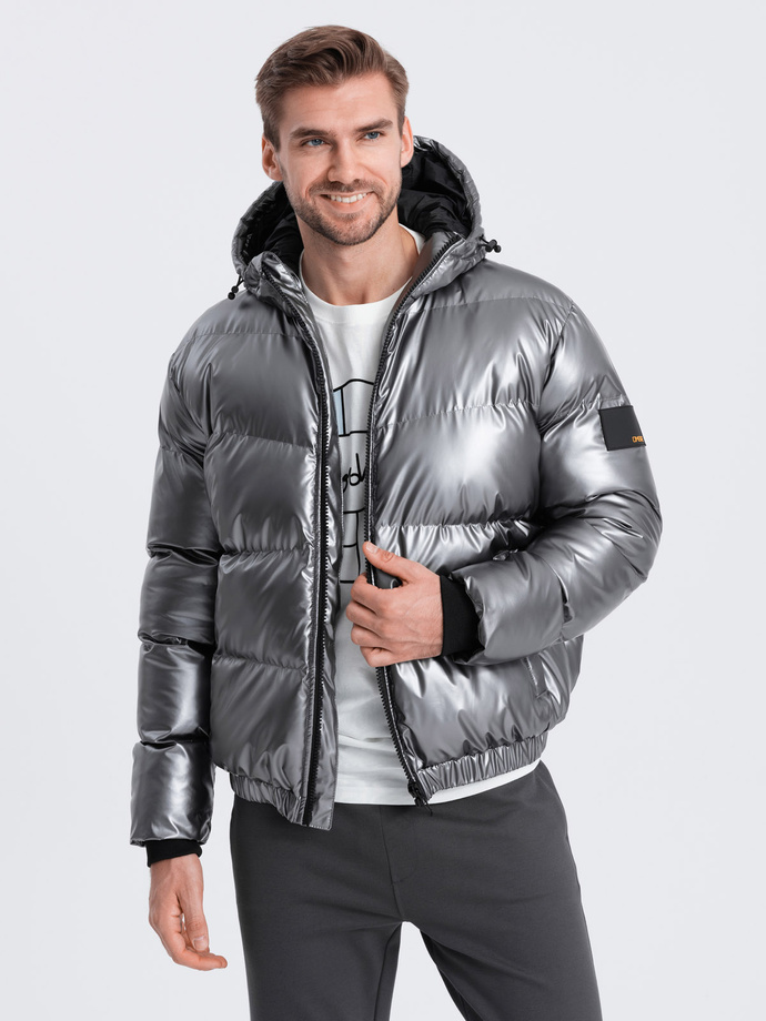 Men's glossy puffer jacket with hood - graphite V2 OM-JAHP-0129