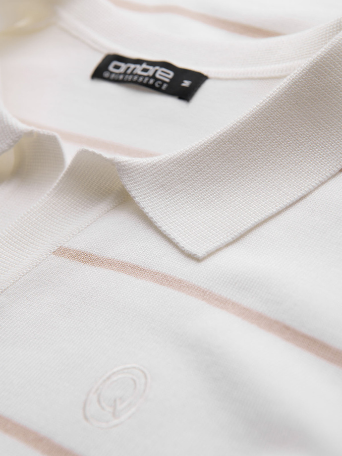 Męski longsleeve polo w poziome paski z wiskozą – biało-beżowy V4 OM-POLS-0146