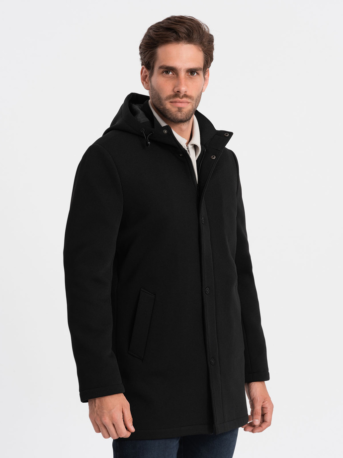 Men's insulated coat with hood and concealed zipper - black V1 OM-COWC-0110