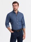 Men's patterned thin denim shirt with pocket - blue V2 OM-SHDS-0179