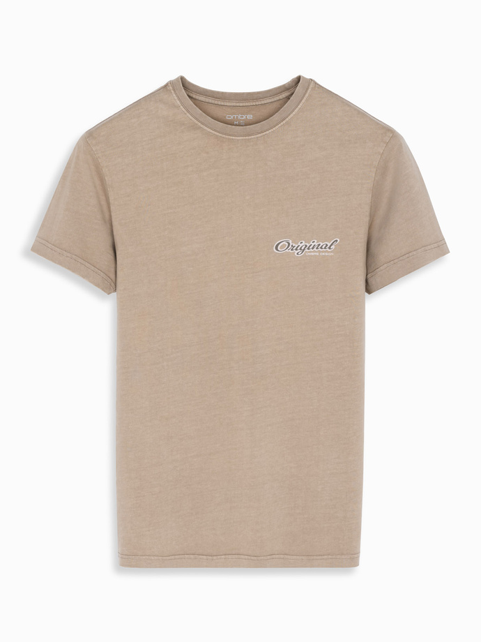 Bawełniana koszulka z nadrukiem na klatce i plecach - ciemnobeżowa V2 OM-TSWT-0201