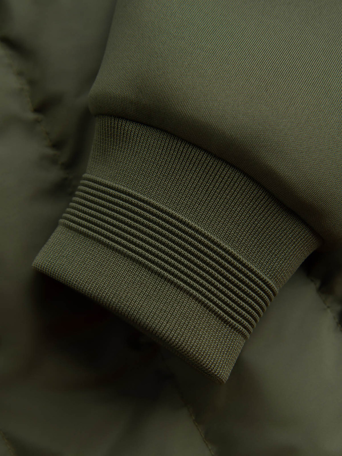 Men's quilted bomber jacket with high collar - dark olive green V3 OM-JALP-0140