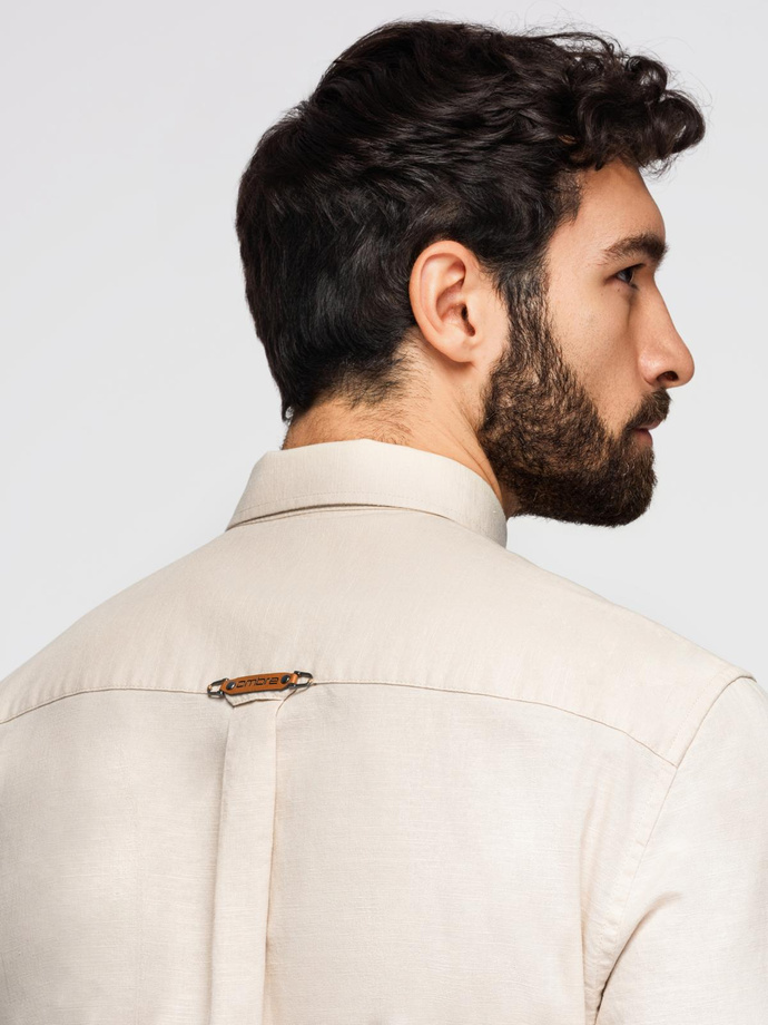 Men's linen shirt with classic collar and pockets REGULAR FIT - cream V3 OM-SHCS-0134