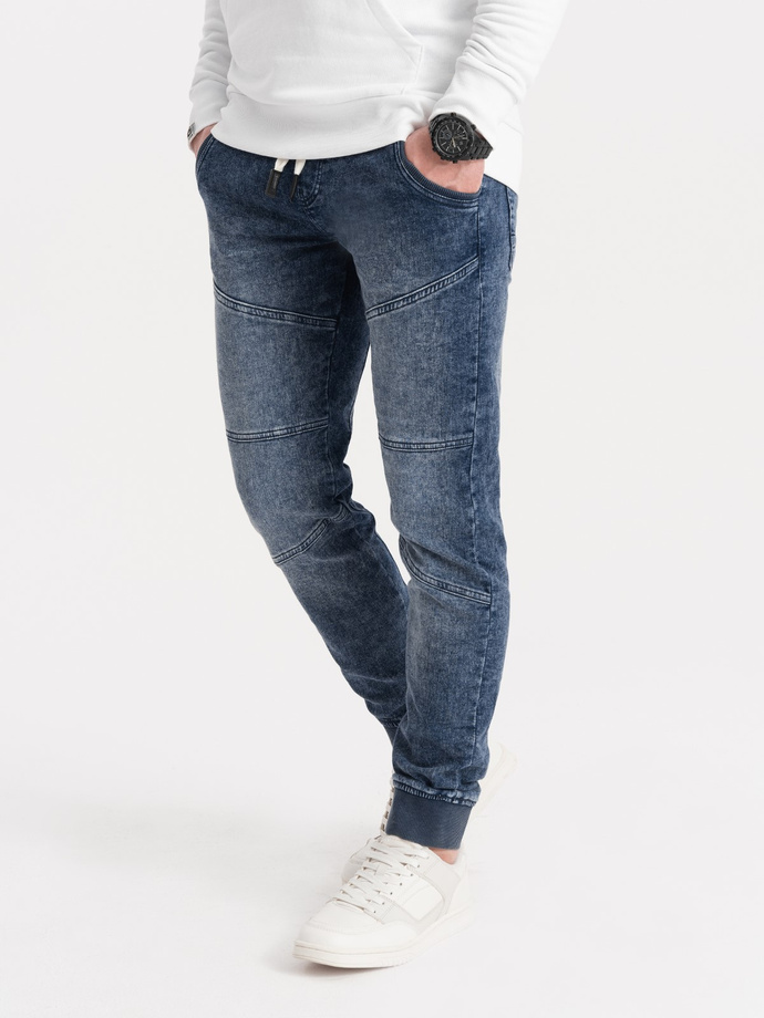 Men's marbled JOGGERS pants with stitching - blue V1 OM-PADJ-0108