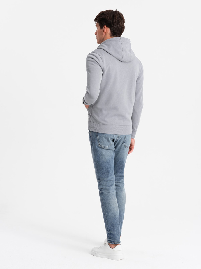 Męska rozpinana bluza dresowa z kapturem i naszywką – szara V1 OM-SSZP-0140