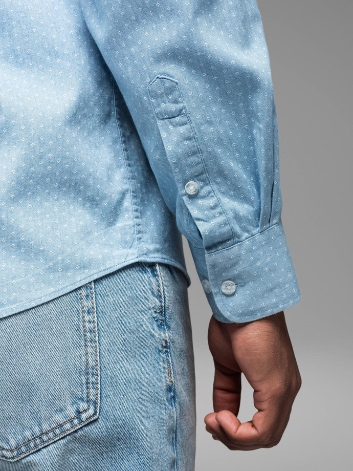 Men's patterned thin denim shirt with pocket - light blue V1 OM-SHDS-0179