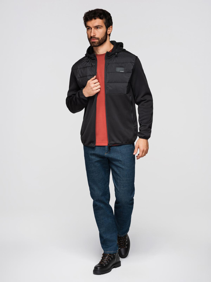 Men's lightweight jacket of combined materials with hood and decorative quilting - black V5 OM-JANP-0160