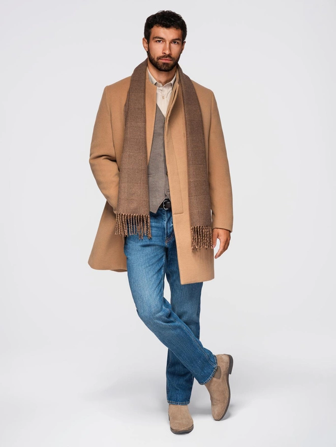 Men's coat with asymmetrical fastening and high collar - light brown V4 OM-COWC-0141