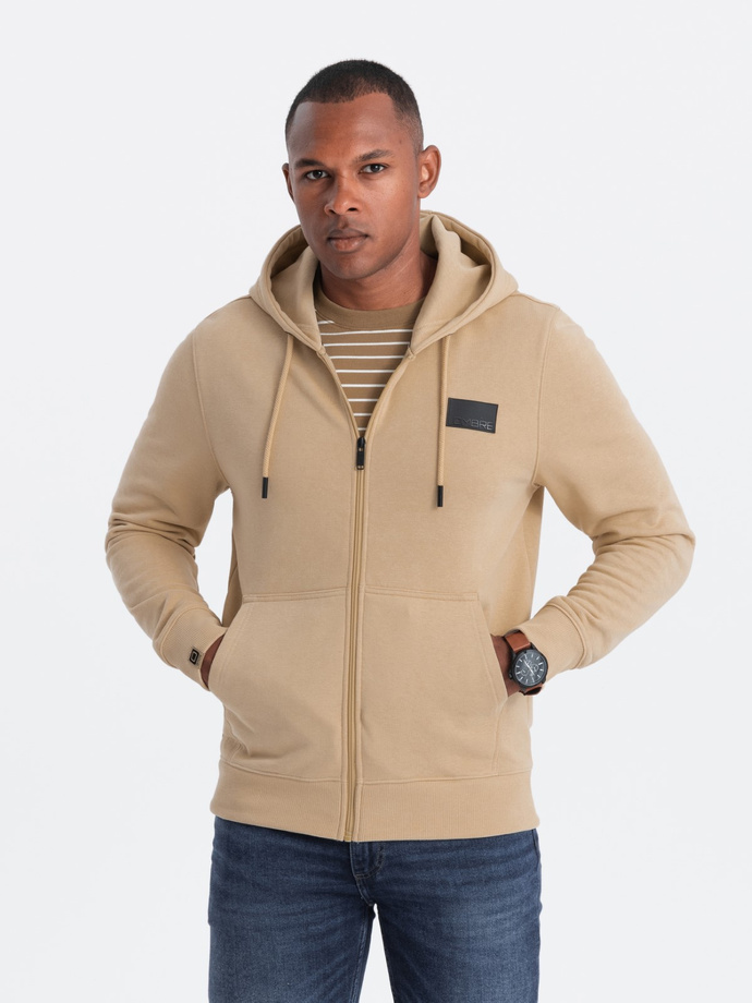 Men's unbuttoned sweatshirt with hood and patch - sand V2 OM-SSZP-0140