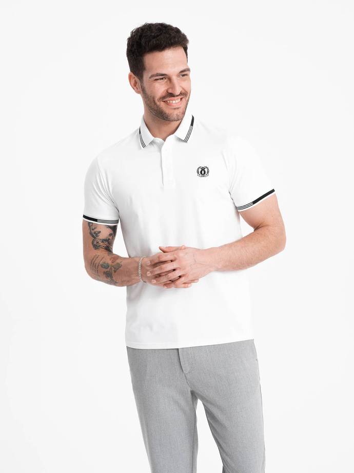 Men's elastane polo shirt with contrasting elements - white V1 OM-POSS-0123