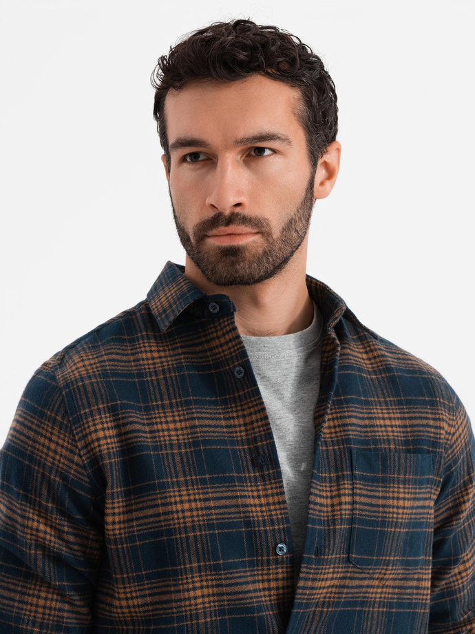 Men's checkered flannel shirt - navy blue and orange V7 OM-SHCS-0150