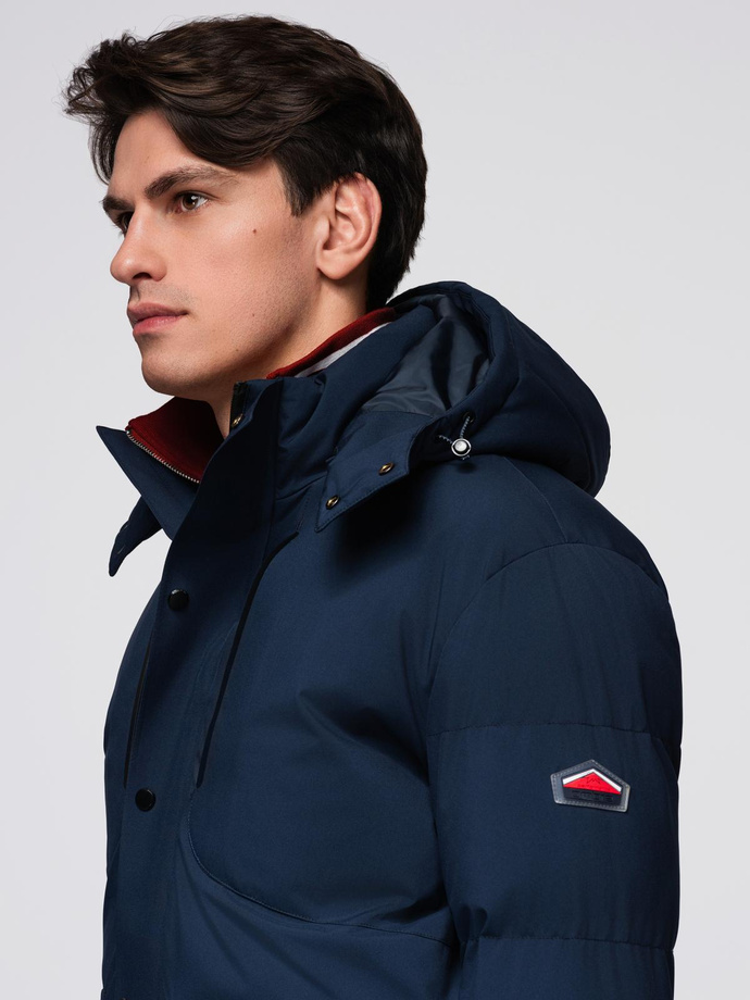 Men's winter jacket with detachable hood made of waterproof material - navy blue V1 OM-JAHP-0306