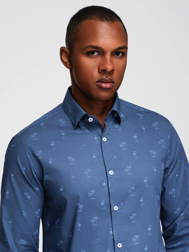Classic men's cotton SLIM FIT shirt in palm trees - dark blue V5 OM-SHCS-0156